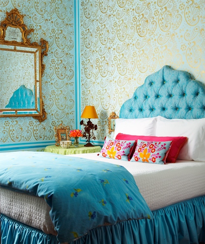 turquoise-blue-wall-design-wallpaper-floral-idea-diy-painted-bed-unique-headboard-pink-floral-cottage-style-white-fresh-pretty-girls-teenager-bedroom-inspiration